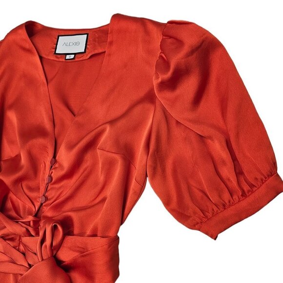 Alexis V-Neck Orange Frill Cuff Romper Wrap Around TIe Waist Puff Sleeve  Size S - Picture 5 of 9
